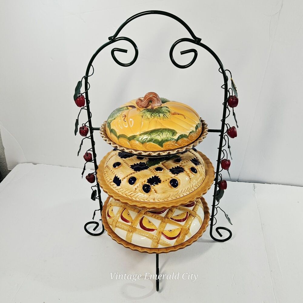 Vtg 3 Tier Iron Serving Stand Ceramic Decorative Covered 3D Pie Keeper Apples